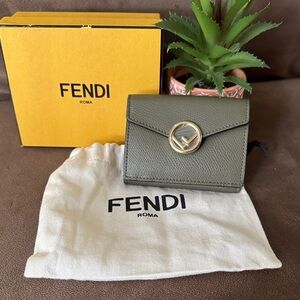 Fendi Olive Green Trifold Compact Wallet w Gold Logo Accent Everything Included